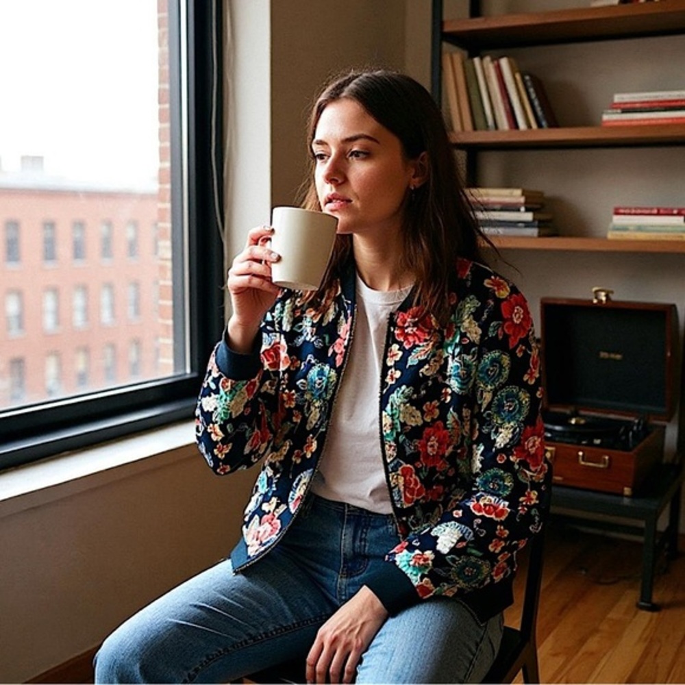 Marie Claire Boutiques floral print bomber jacket, front & pocket zips 🌺🌸🍃